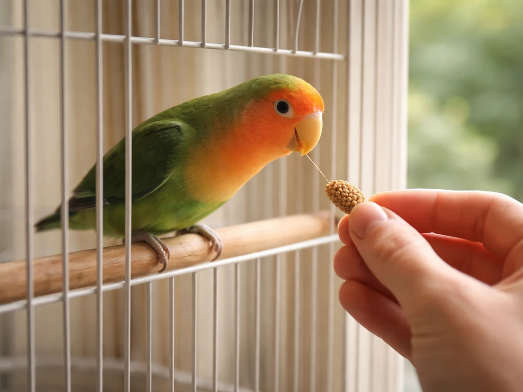 A calm lovebird approaches a relaxed hand near cage bars to take a millet treat.
