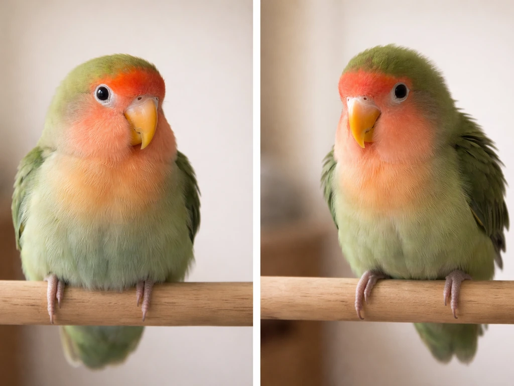 Two lovebirds side-by-side: one relaxed and rounded, the other tense and alert on a perch.