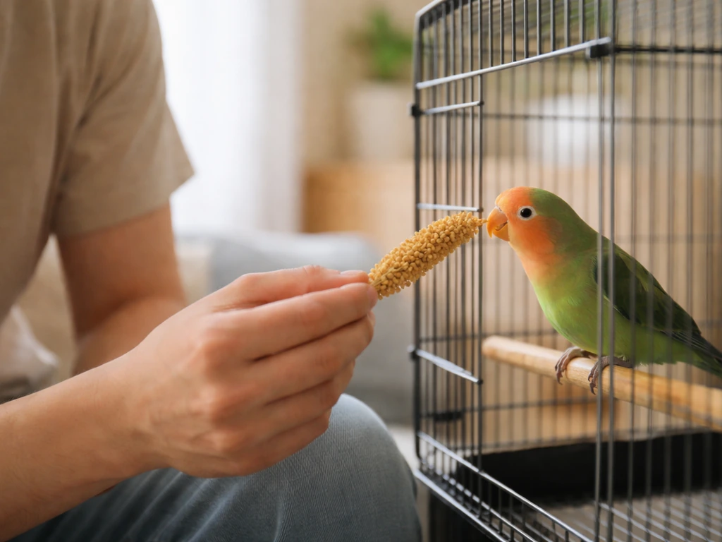Adult holds millet spray by lovebird cage bars while speaking softly; lovebird approaches treats.