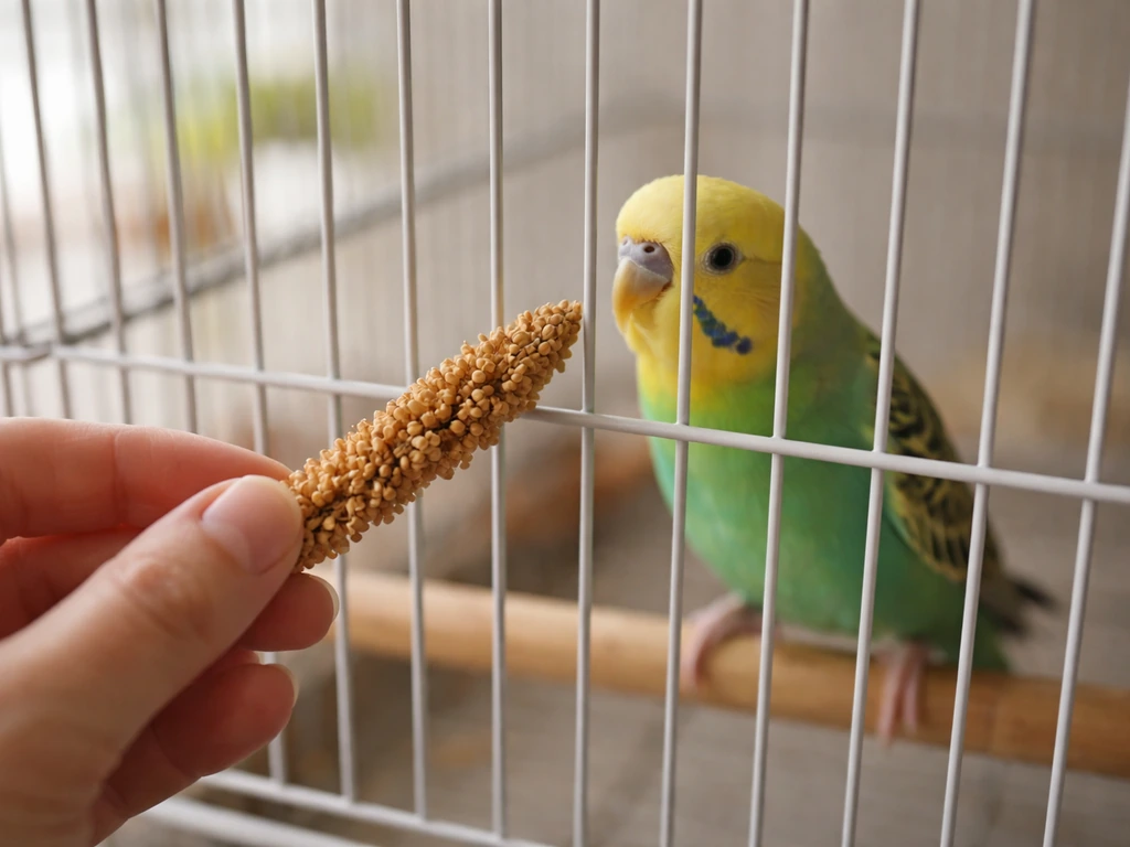 Millet sprig offered through pet cage bars as a small bird reaches toward the treat.
