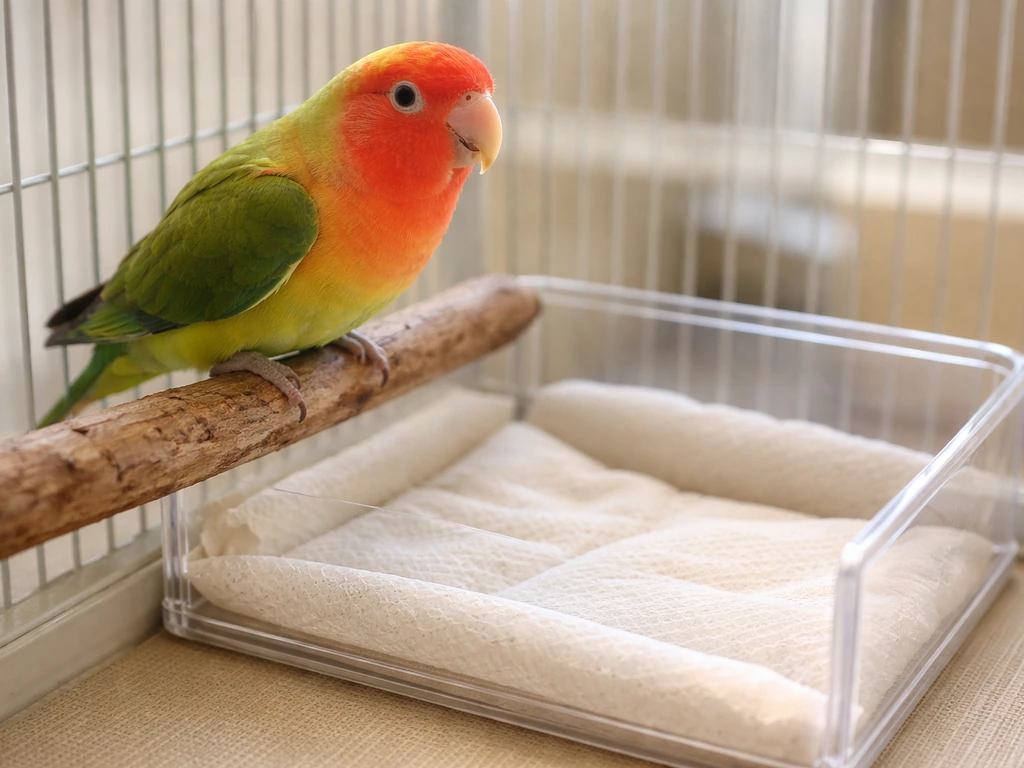 A small parrot perched next to a bird-safe litter tray inside a cage, with liner visible underneath.