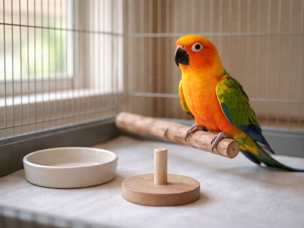 Colorful parrot perched near a small training station inside a home cage setup.