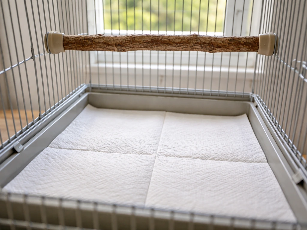 Birdcage with paper towel liner tray positioned directly under the perch for easy droppings cleanup.