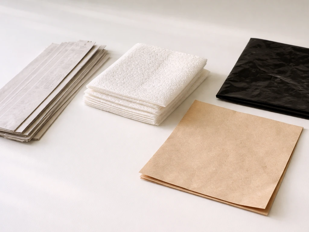 Close-up of plain newspaper, unbleached paper, and paper towels as safe cage liners, with a separate unsafe-looking line