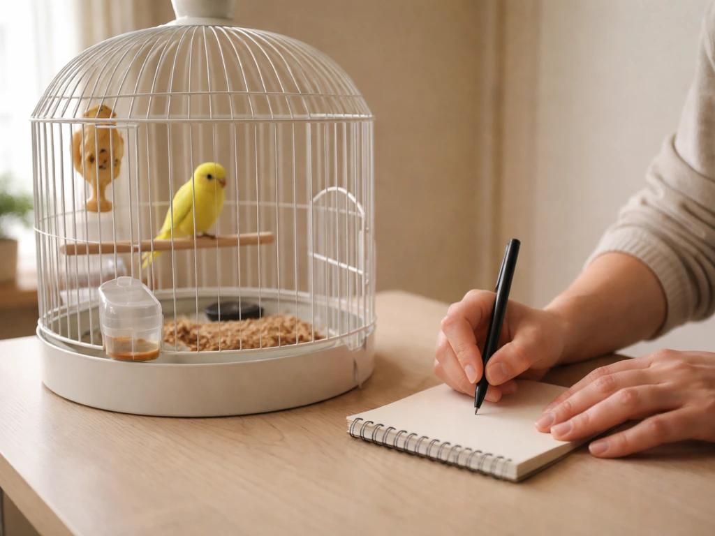 Caregiver taking notes beside a birdcage, observing timing for elimination cues.