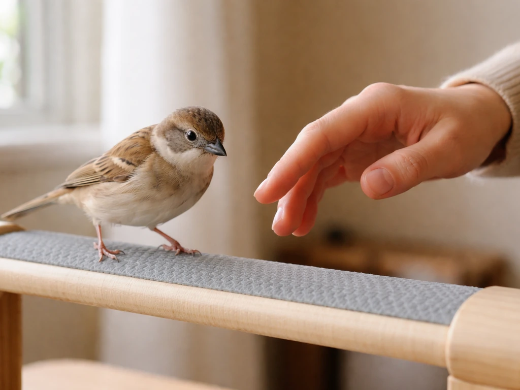 Small pet bird carefully stepping on a training liner while a nearby hand adjusts timing.
