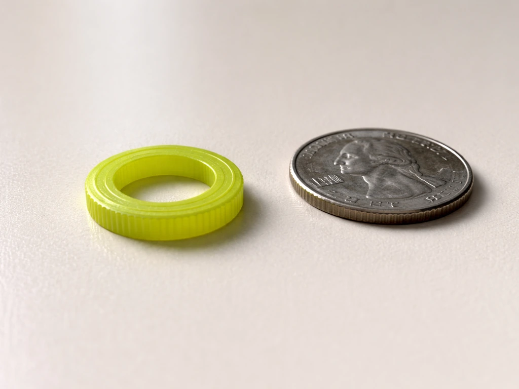 Close-up showing a small bright plastic token beside a real coin on a clean tabletop