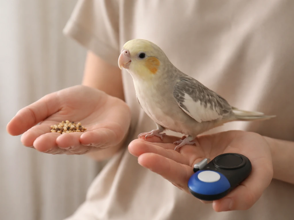 A small pet bird steps onto a trainer’s hand while the trainer holds treats and a clicker nearby.