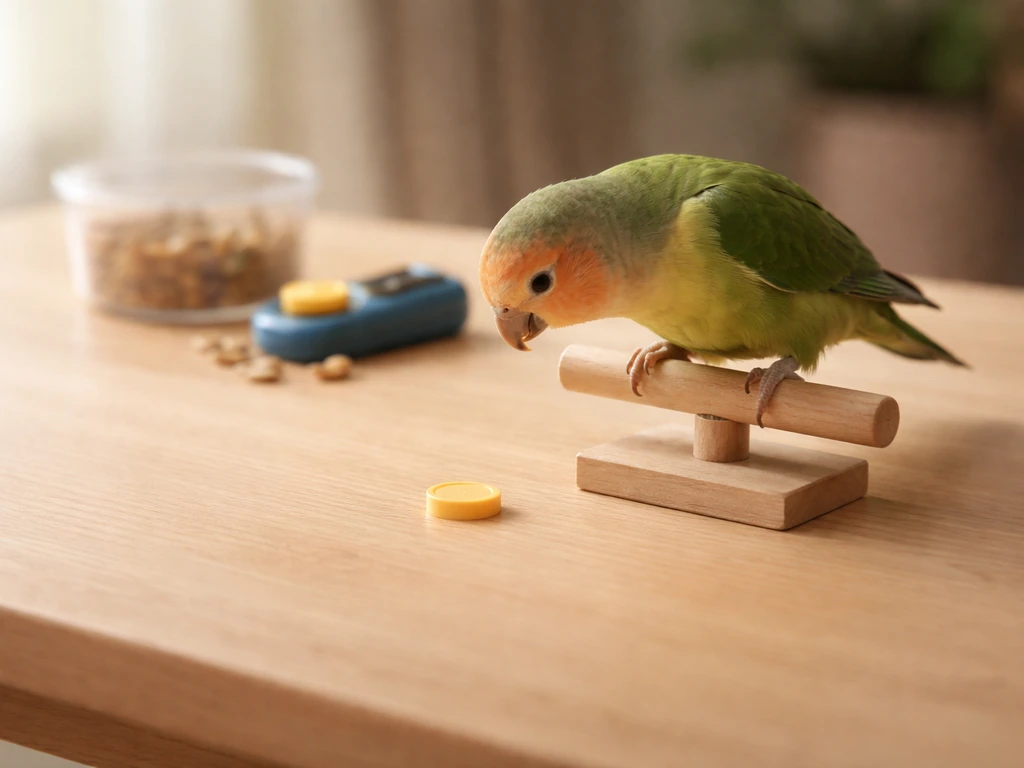 Parrot calmly investigates a single training token on a wooden tabletop beside it.