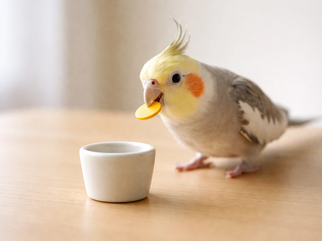 Small bird hovering near a target cup while holding a token