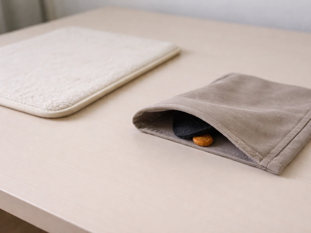 Small token partially hidden under a cloth flap on a training surface, photographed with natural light.