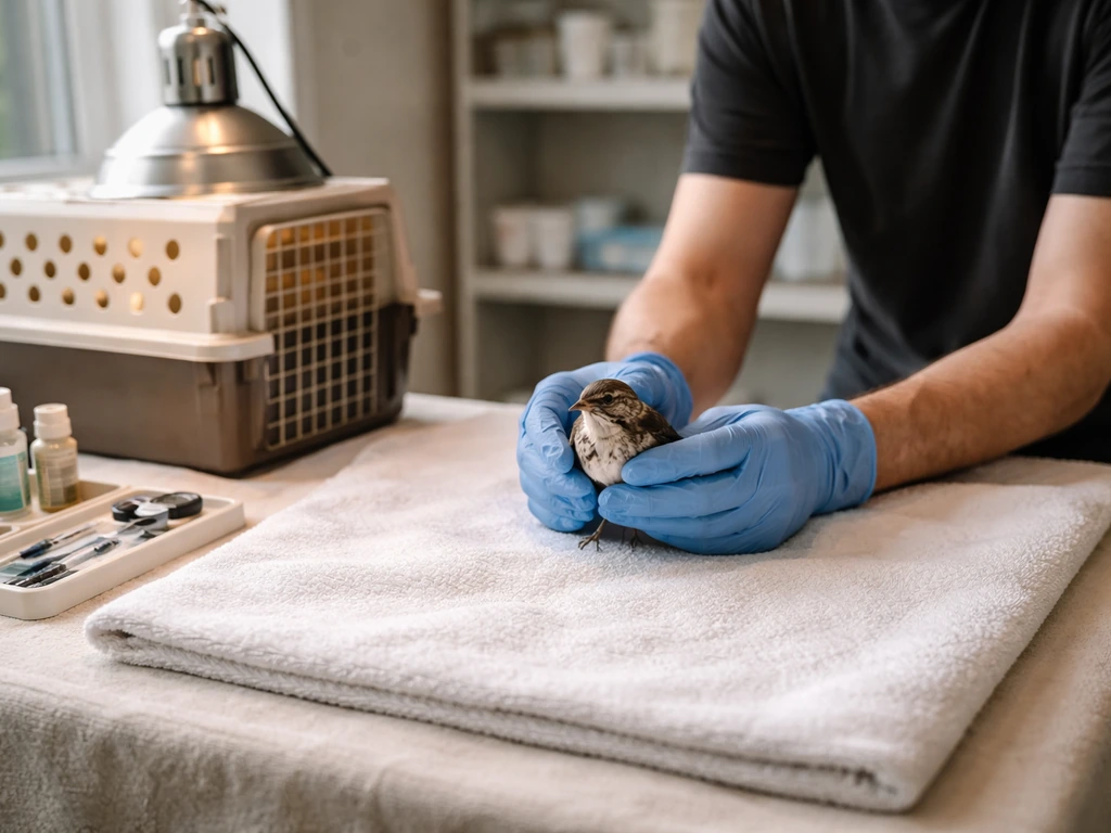 Gloved wildlife rehabilitator preparing a clean intake setup with a small rescued wild bird in a quiet rehab room.