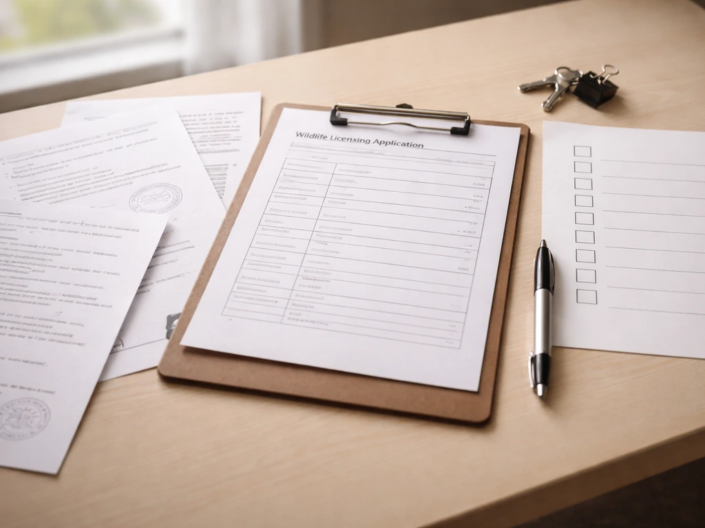 Close-up of legal paperwork and a wildlife licensing application form on a desk with a checklist