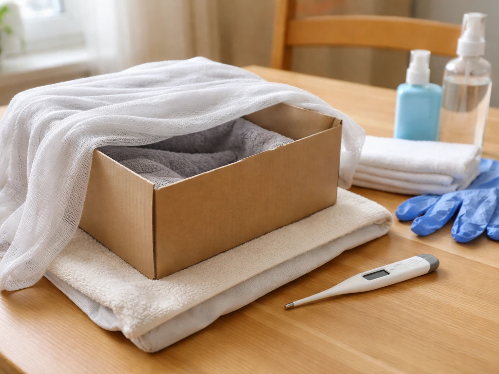 Clean warming setup for an injured bird: covered box with heating source and hygiene supplies nearby.