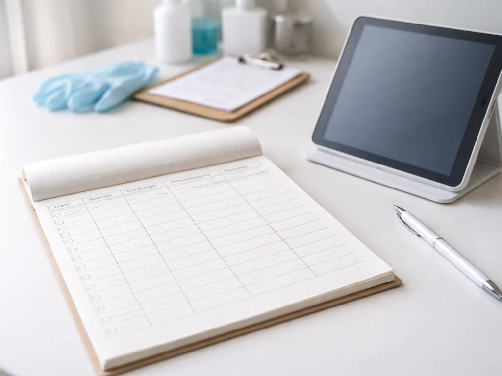 Close-up of a clinic desk with an intake log sheet and tablet tablet beside a pen, sample fields visible.