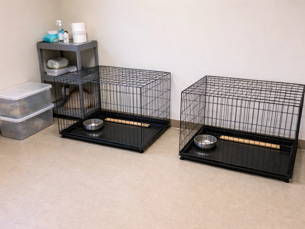 Two separated empty wire enclosures with water dishes and clean supplies in a simple room.
