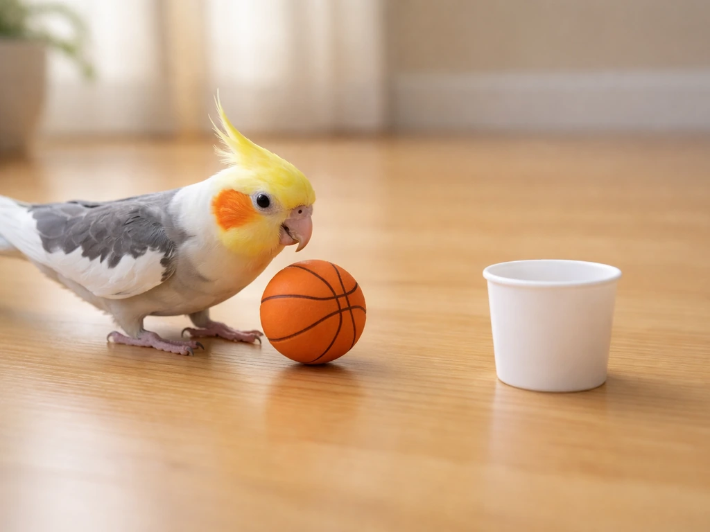 A cockatiel gently pushes a small basketball toward a low cup target on a clean floor.