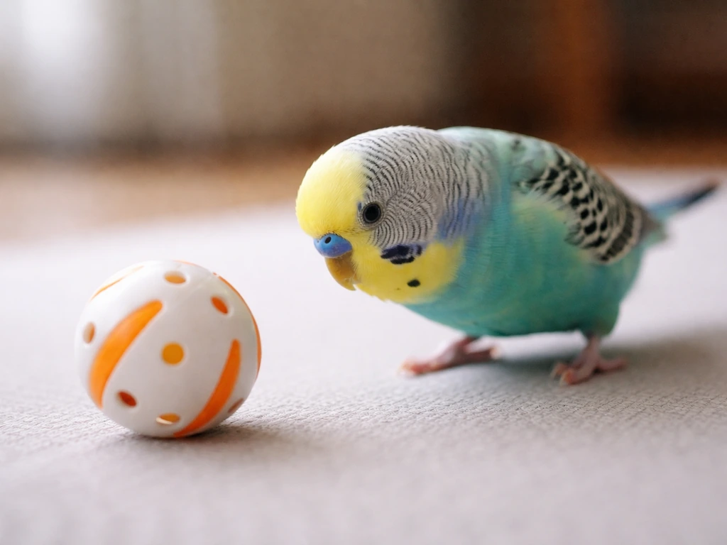 Close-up of a small bird cautiously investigating a ball on a training surface.