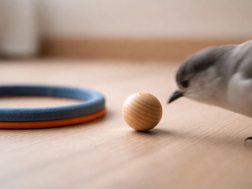 Close-up of a ball rolling slightly after a bird’s beak taps it on a simple training floor.