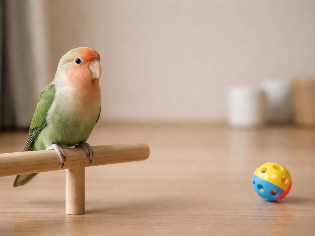 Calm small pet bird perched far from a brightly colored training ball in a quiet room
