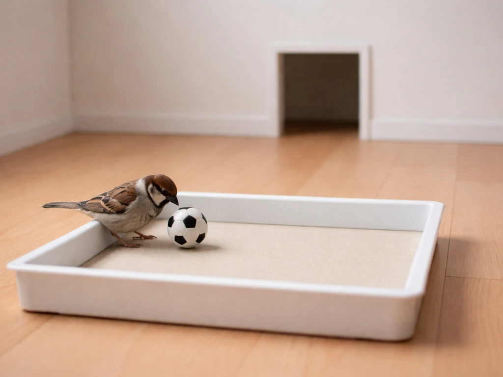 A bird beside a ball in a shallow tray with a raised edge guiding the push toward a goal opening.
