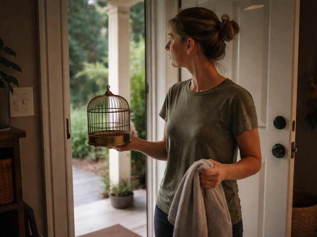 Calm homeowner at an open door with birdcage nearby, watching outside as they prepare to search safely.