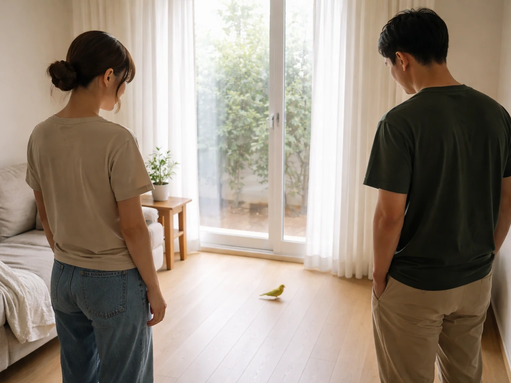 Two people calmly watch a small pet bird that just landed near a window from a safe distance.