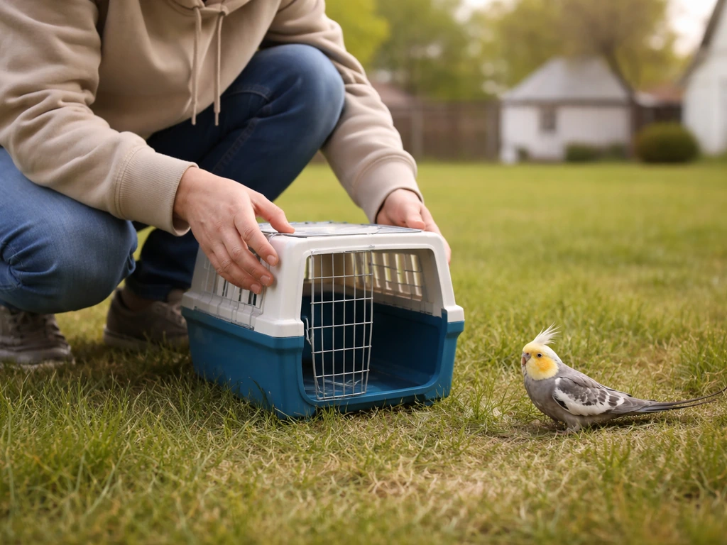 Person crouches on the ground with an open bird carrier, making a safe path for the bird to approach.
