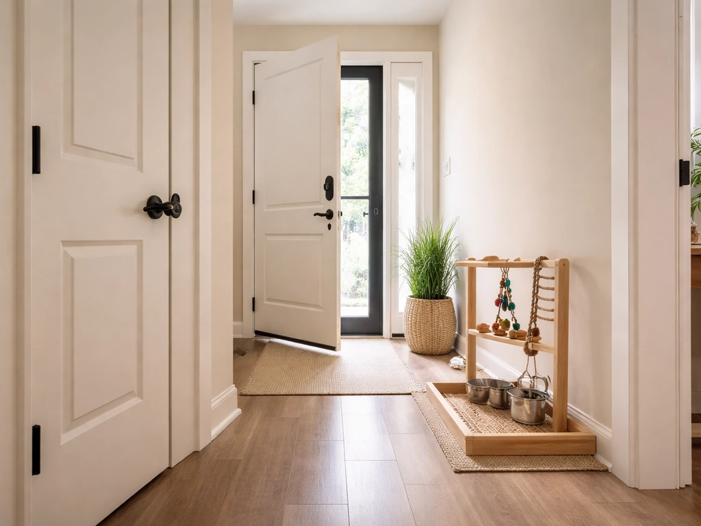 Minimal home entry with one door closed and a bird-safe double-door setup, calm and secure.