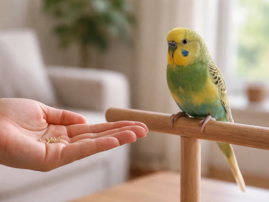 Person gently offers a treat while a small bird stays calm on its perch, avoiding grabbing or chasing.