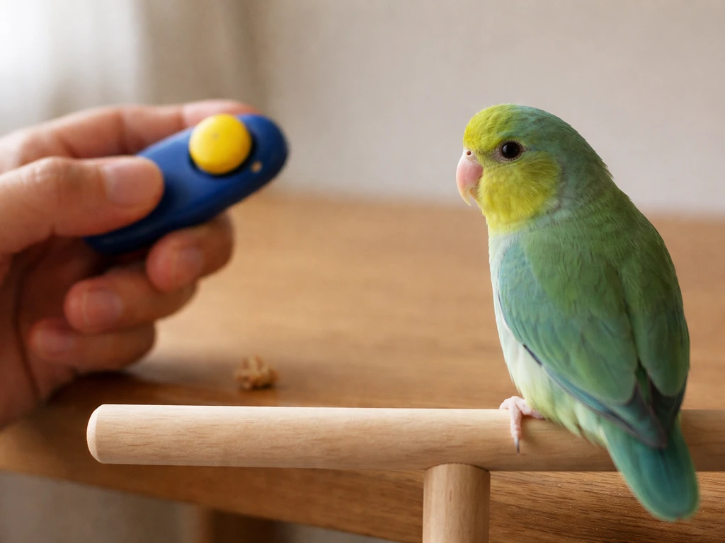 Small bird perched beside a clicker and a tiny treat, oriented toward a person’s hand marker cue.