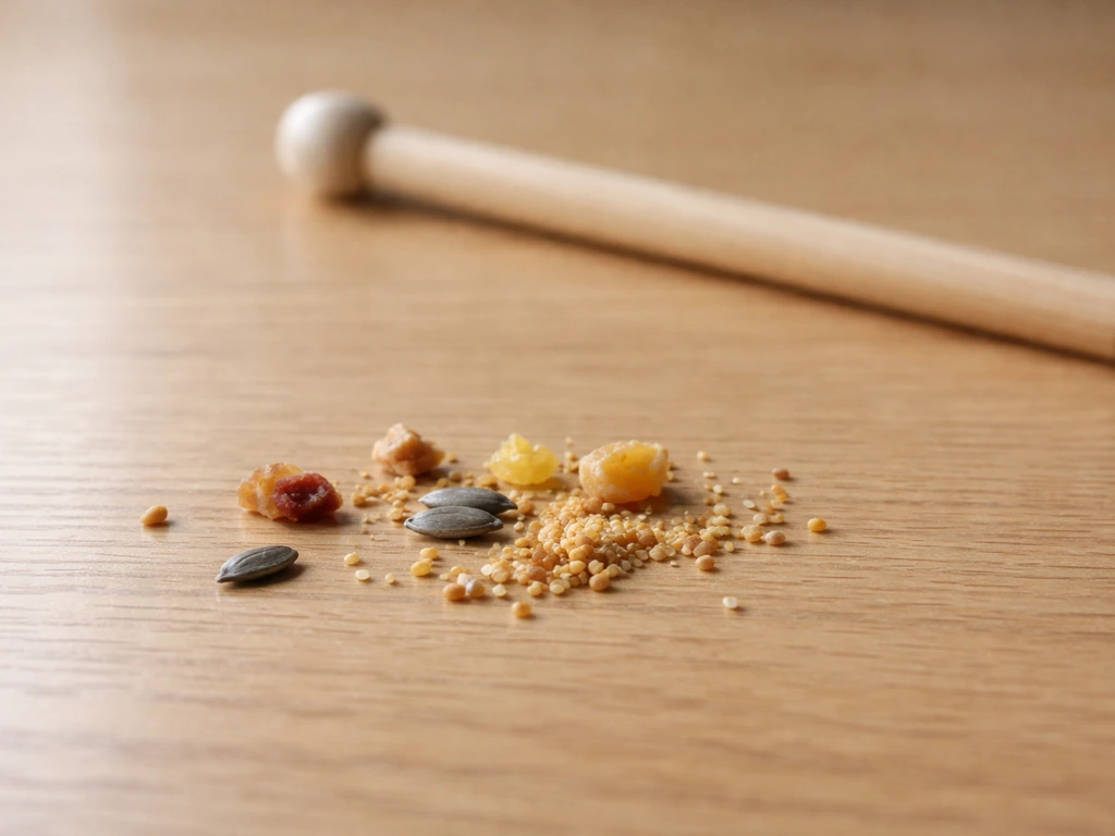 Close-up of small bird-safe treat pieces beside a target stick, with natural light and shallow depth of field.