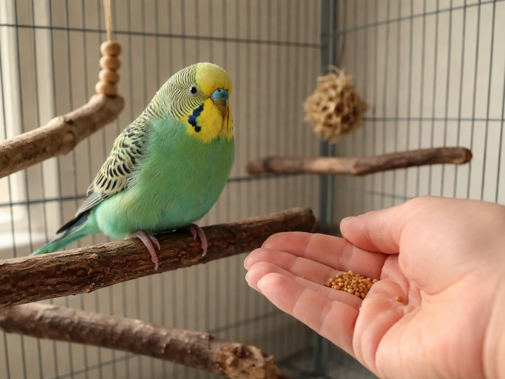 Calm parrot in an enriched cage while a hand slowly delivers treats in quiet, low-stress routine.