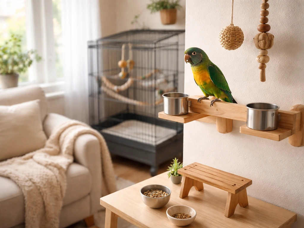 Wooden training perch and nearby cage with a few toys in a calm, bright living room.