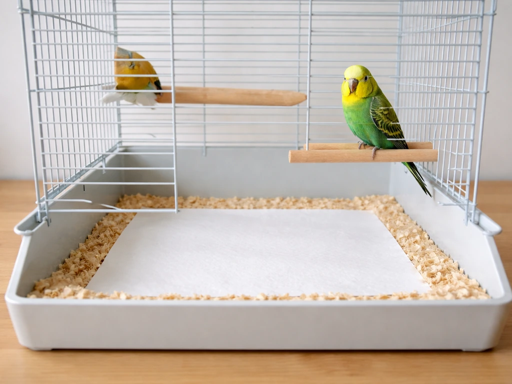 Small pet bird perched beside a lined cage tray with a designated potty perch spot inside.