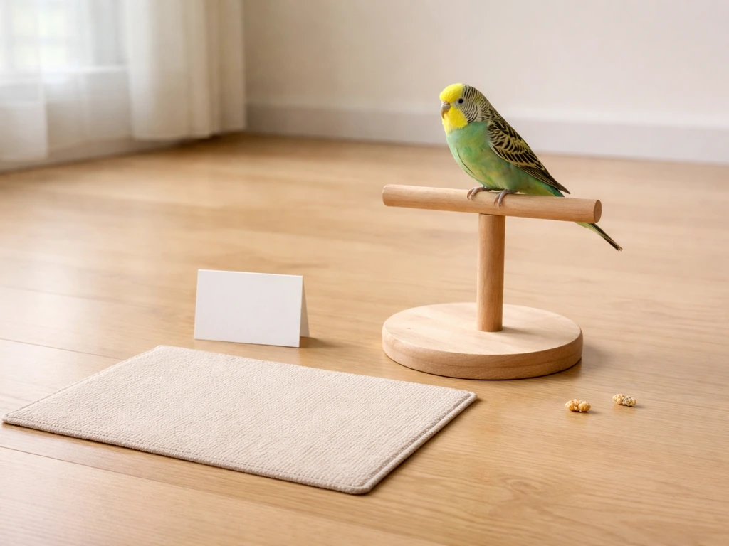 Small bird perched beside a marked target spot with a cue card and a treat on the floor