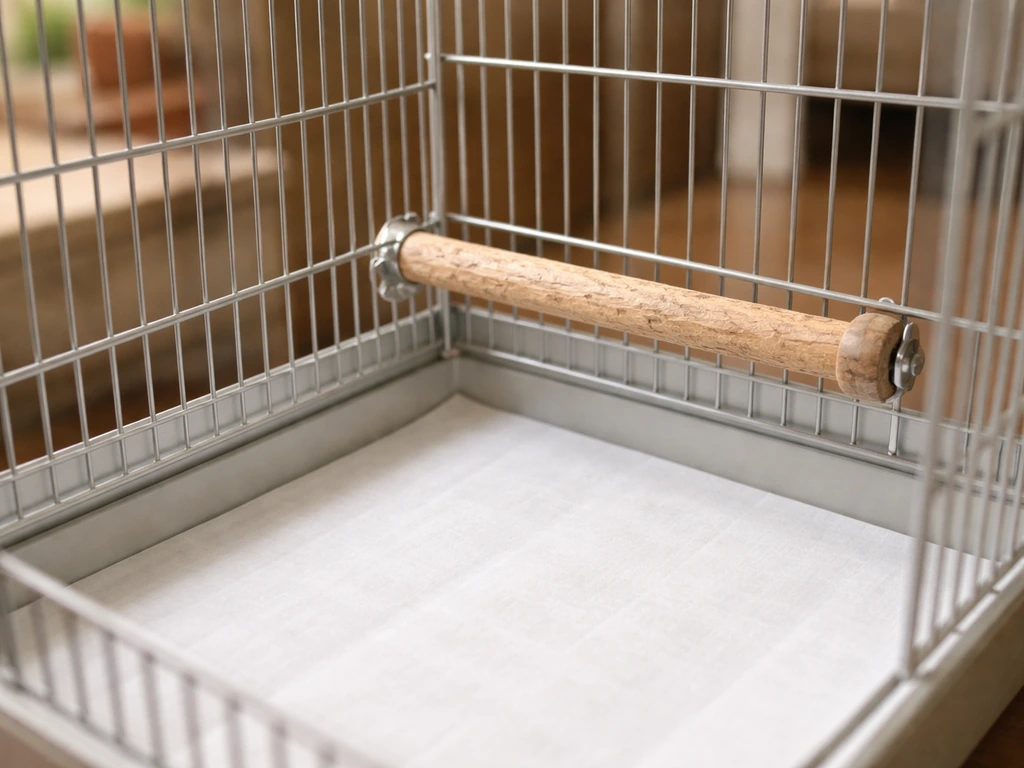 Close-up of a small bird setup: a specific cage corner with a lined tray beneath a chosen perch.