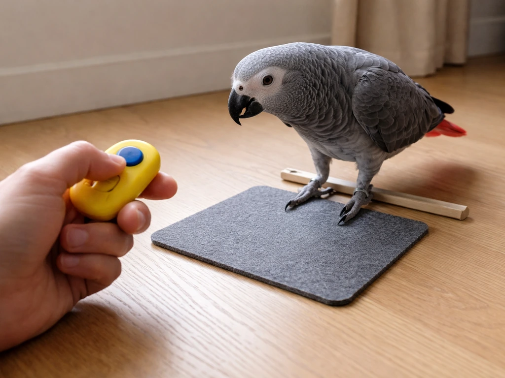Person clicks a handheld clicker as a parrot steps on a mat, with treats ready for instant reinforcement.