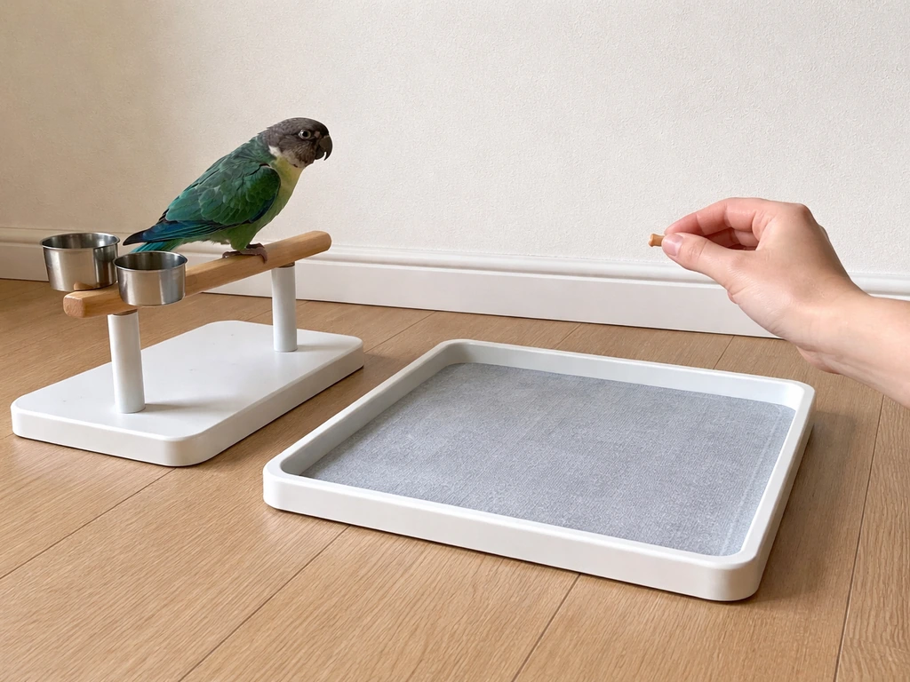 Small pet bird perched beside a training tray, with a hand holding a treat nearby.