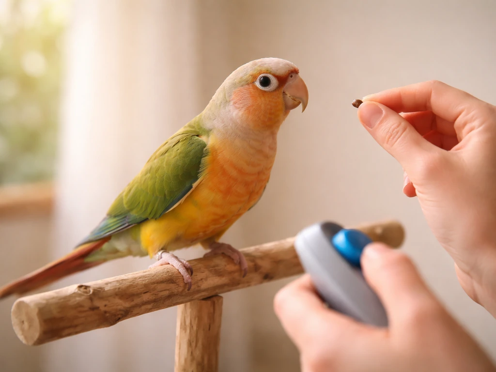 Small pet bird perched while a trainer holds a treat and a clicker nearby during humane dance cue training.
