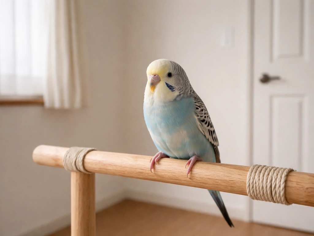 A small pet bird perched calmly in a quiet, safe room with windows and doors closed