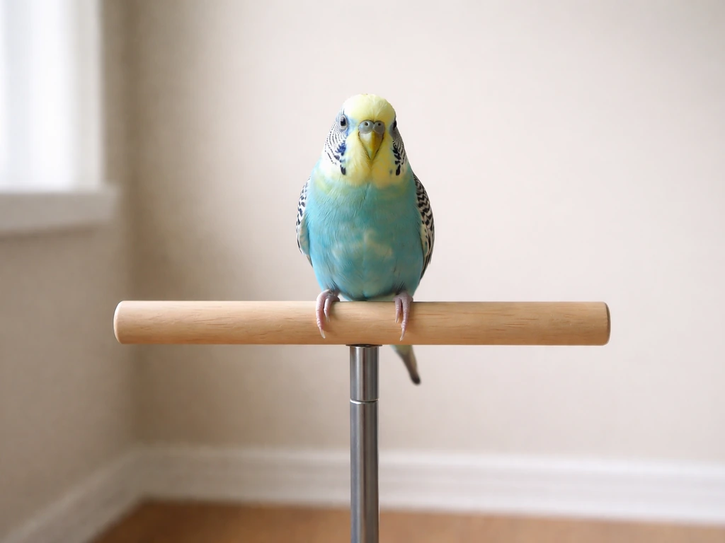 Small pet bird stepping onto a designated training perch in a quiet indoor corner