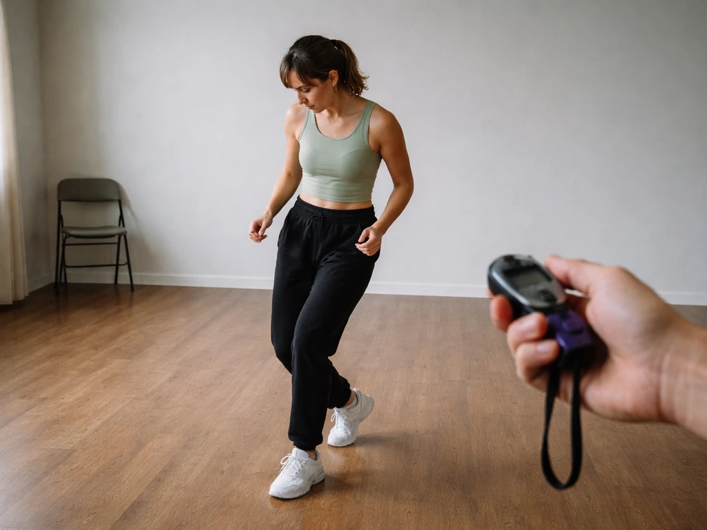 Trainer marking a simple dance move with a stopwatch while a dancer practices a focused step sequence