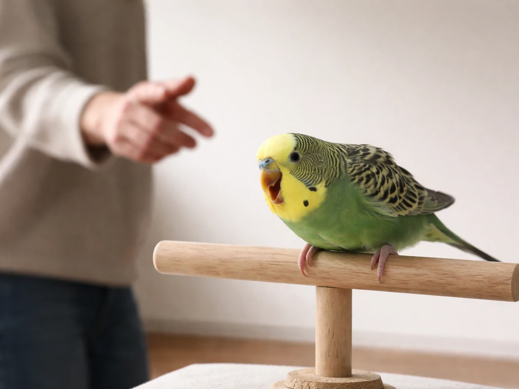 Small bird fluffed and crouched on a perch, leaning away as a trainer stays at a safe distance.