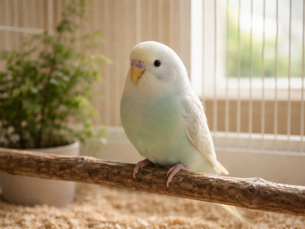 A small companion bird perched calmly on a natural branch in a bright, safe indoor setup