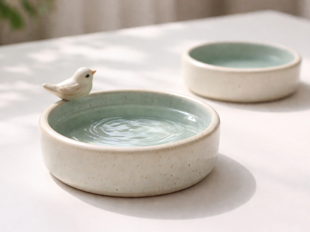Clean bird water bowl with fresh water and a second bowl in the background to suggest daily refresh.