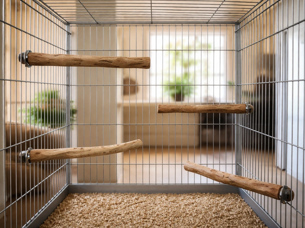 Spacious bird cage interior with multiple natural wood perches and clear wing-flap space.