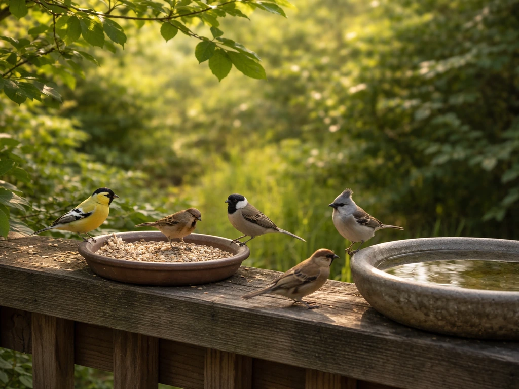 Native songbirds feed at a humane station in a backyard with lush plants and clean birdbath water.