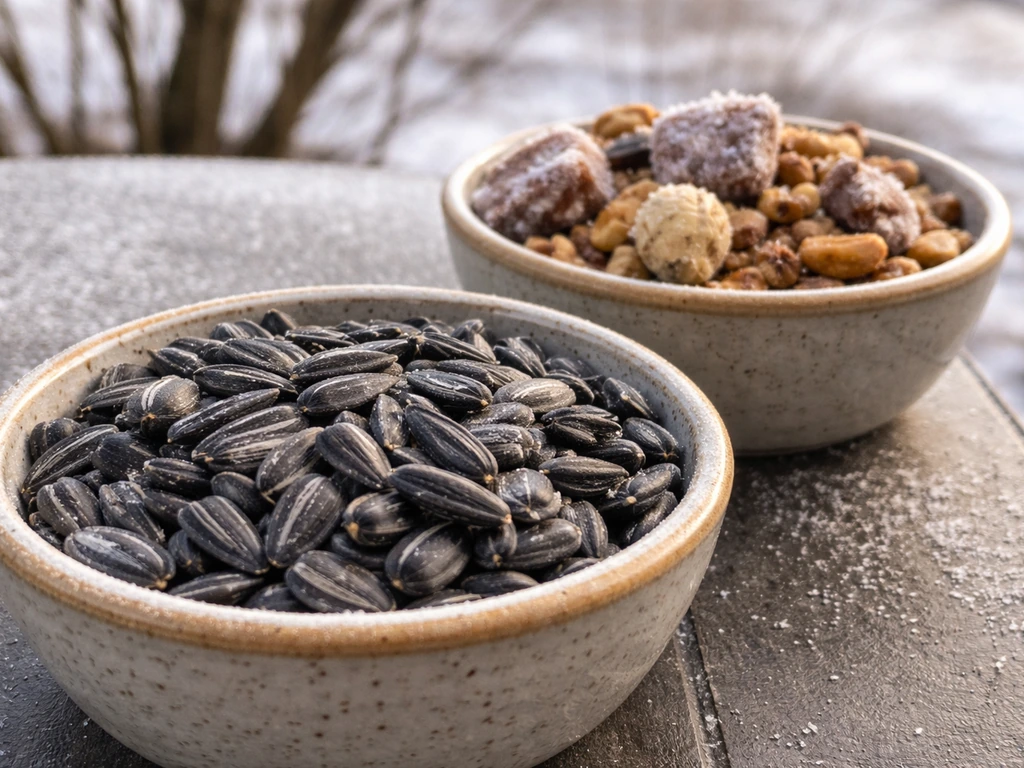 Close-up of black-oil sunflower seed with winter feeding foods in separate bowls on an outdoor table.