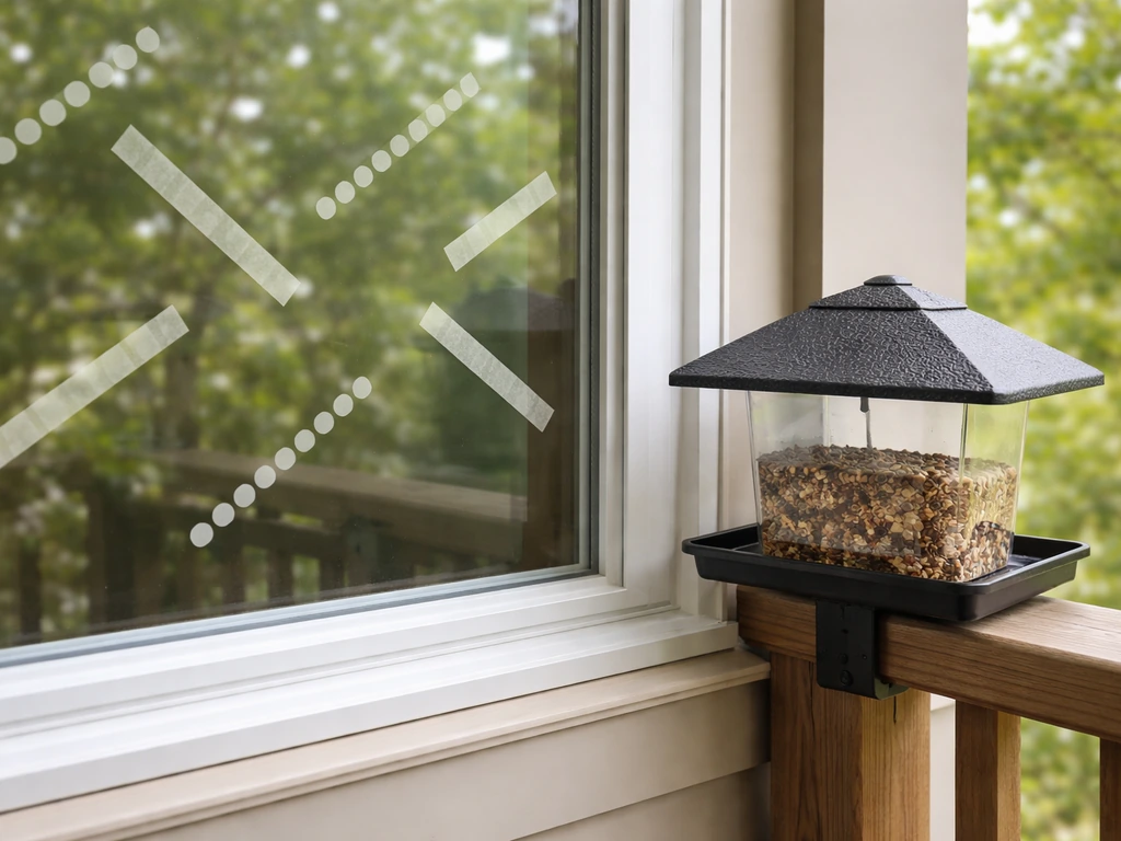 Bird feeder mounted near a window with visible bird-safe decals/tape pattern for collision prevention.